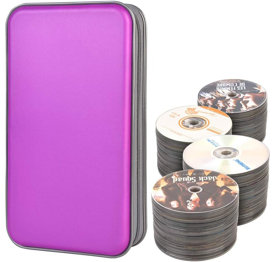 LIOVODE CD Case, 96 Capacity Hard Plastic CD Holder Protective DVD Disc Storage Case Holder Portable Zipper CD DVD Organizer Storage Wallet for Car Home Travel (Purple)